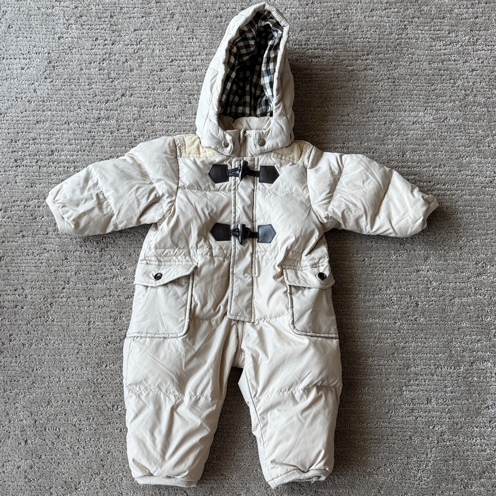 Cream Hooded Baby Snowsuit with Toggle Closures